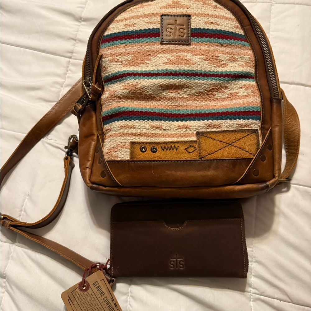 STS NWT Concealed Carry Palomino Serape Mini Backpack AND  NWT leather wallet
